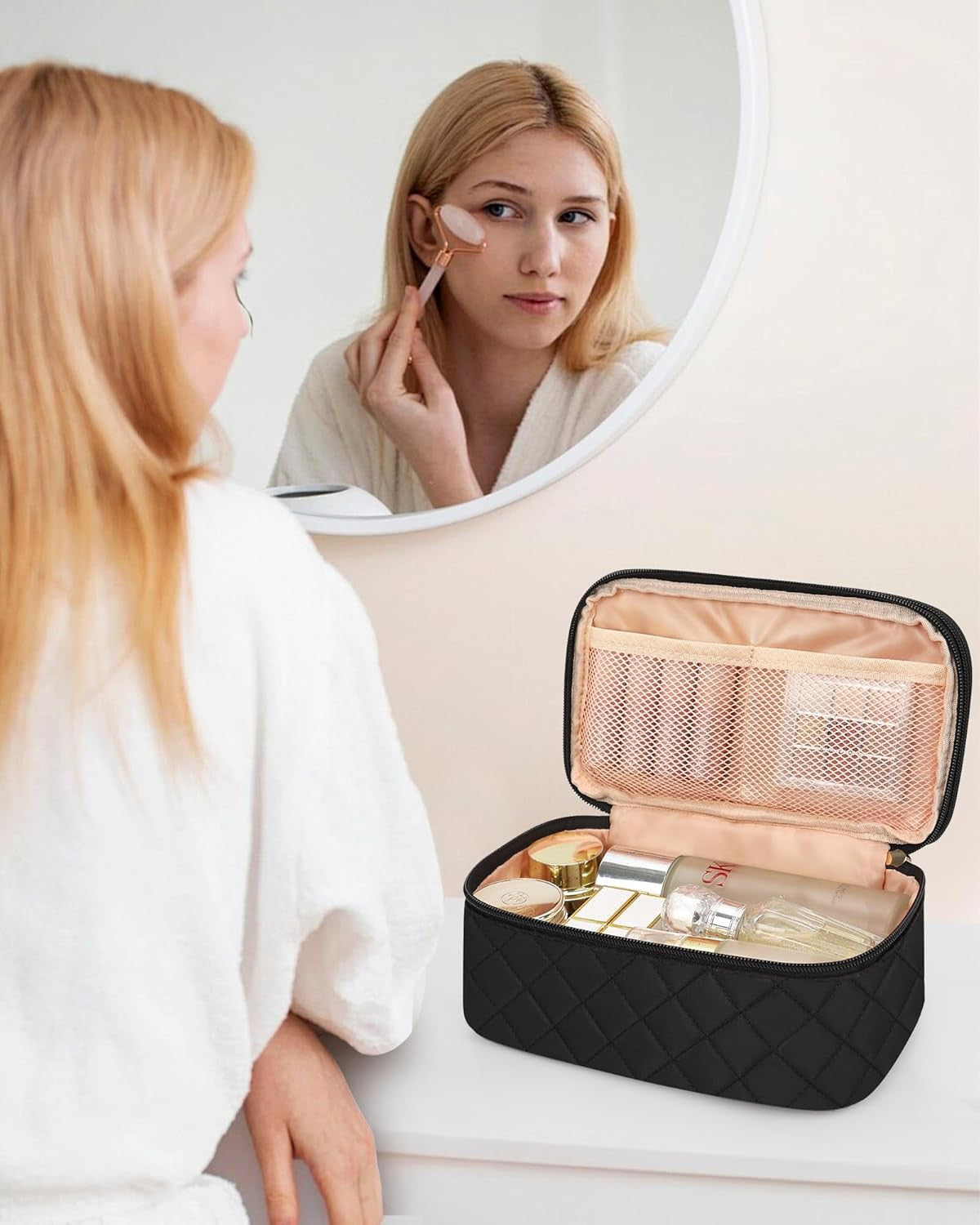 Small Travel Makeup Bag with Double Layer Organizer, Waterproof & Portable