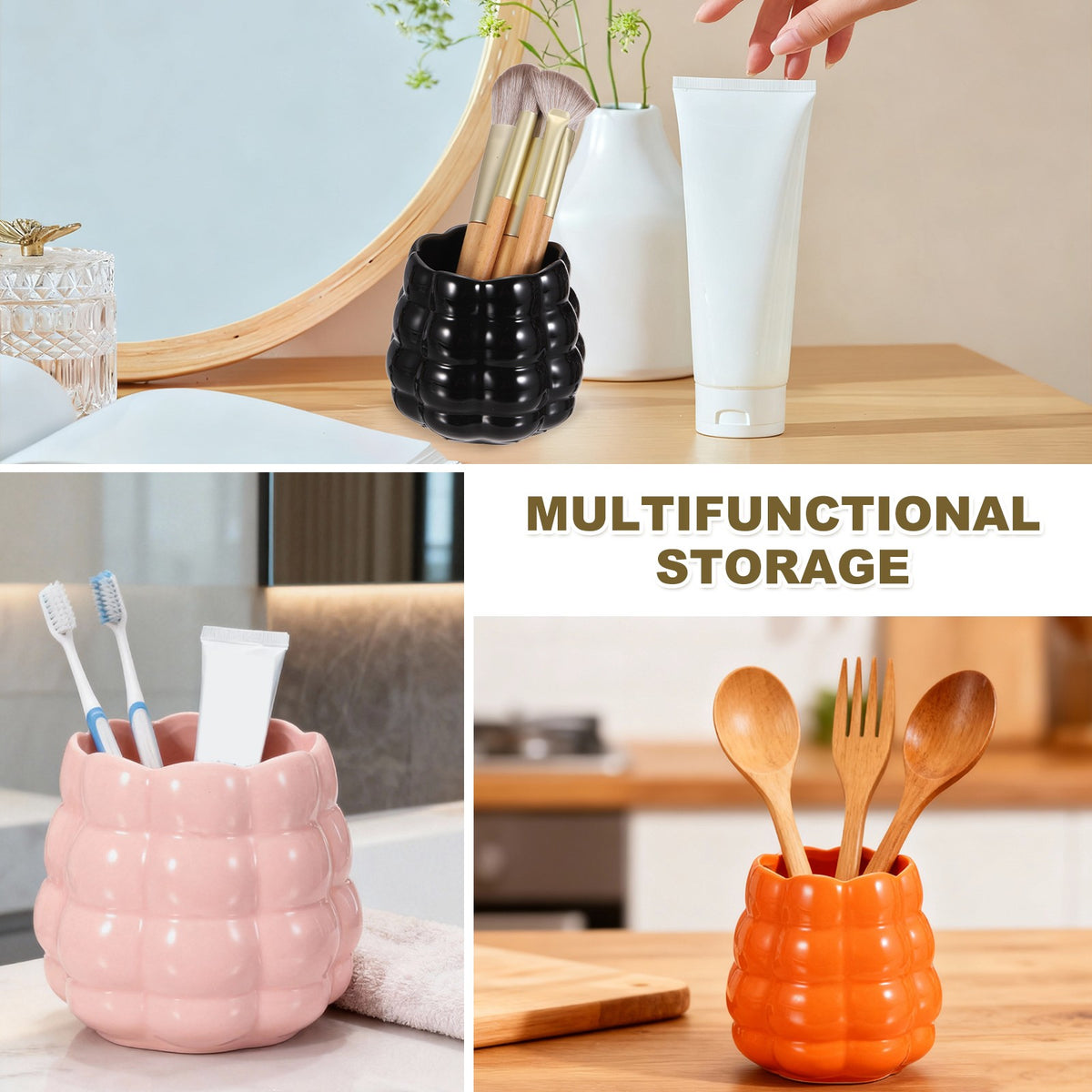 Ceramic Makeup Brush Holder - Round Desktop Pen and Cosmetic Organizer, White