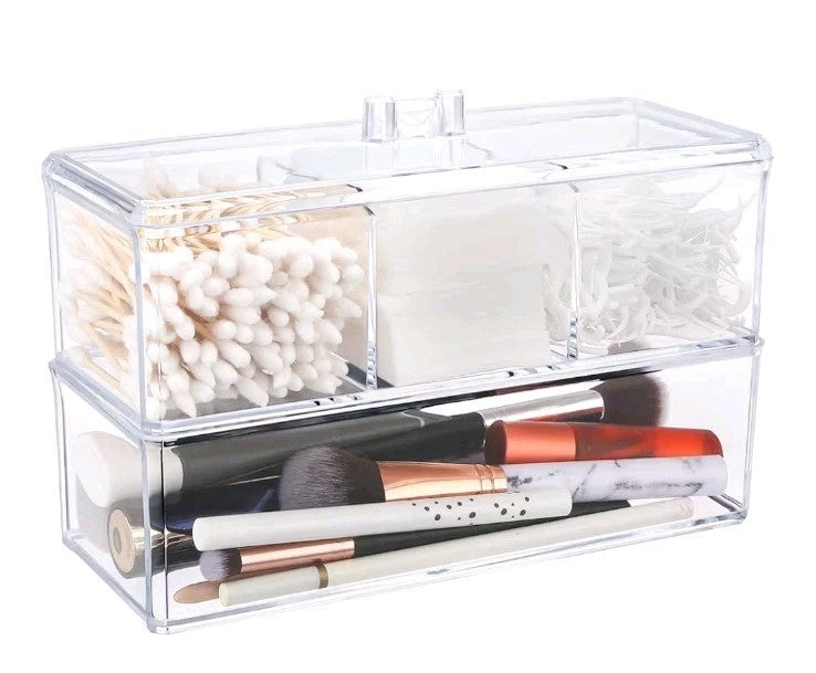 2-Layer Transparent Qtip Holder with 3 Compartments for Cotton Swabs and Cotton Balls