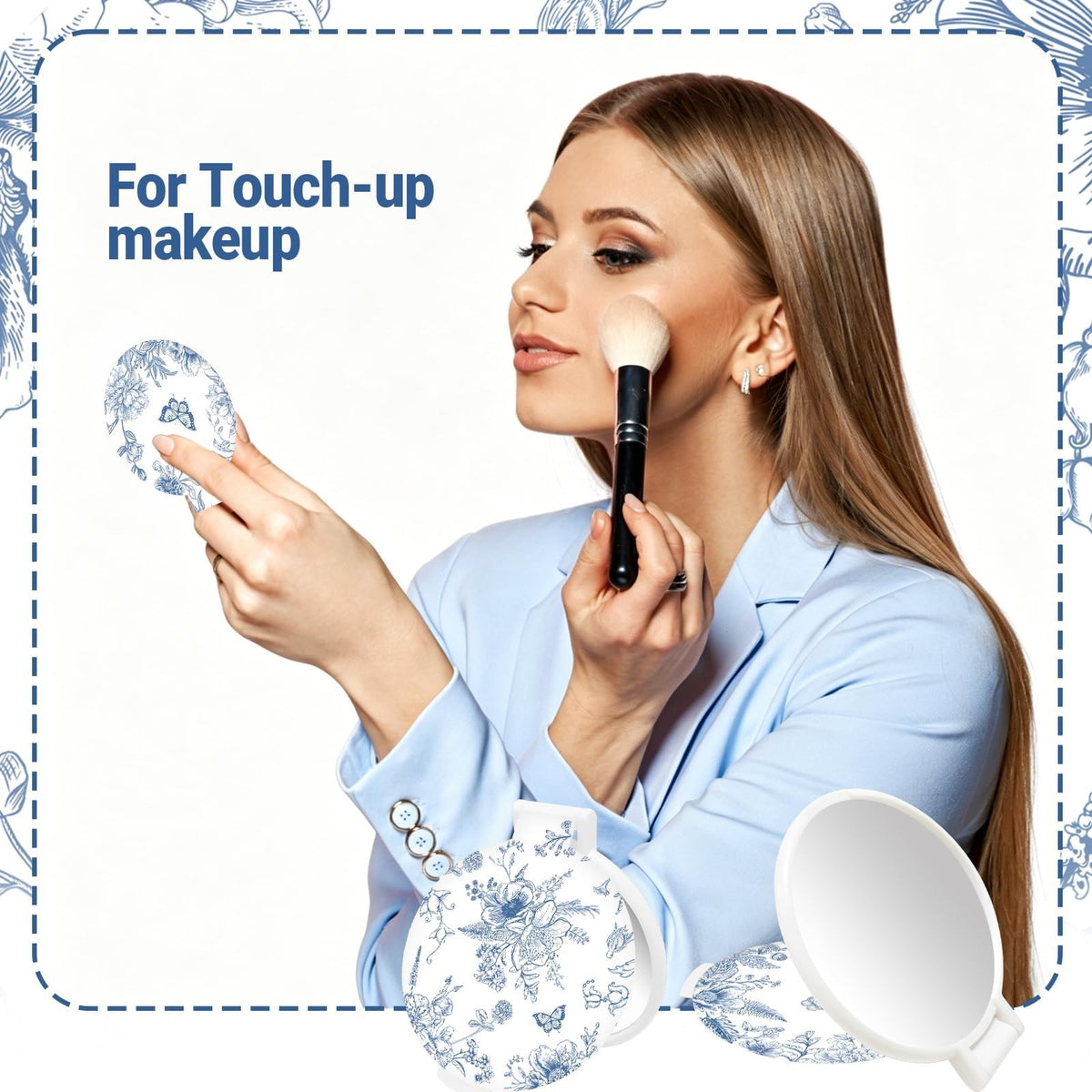 Blue Porcelain Compact Mirror Set - 50 Small Pocket Round Mirrors for Gifts