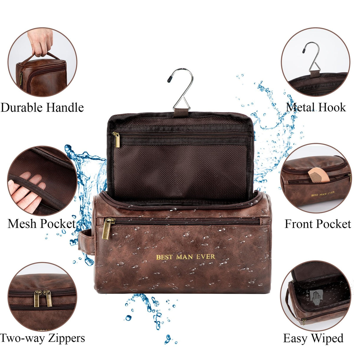 Men's Leather Travel Toiletry Bag Organizer with Hanging Waterproof Design