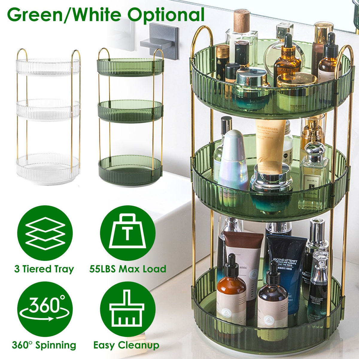 360 Degree Rotating Makeup Organizer Shelf, 3-Tier Lazy Susan Cosmetic Storage