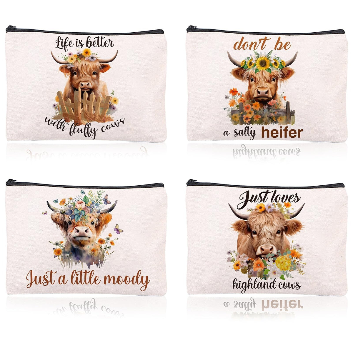 4PCS Highland Cow Makeup Bag Set - Farm Theme Cosmetic Pouches for Women