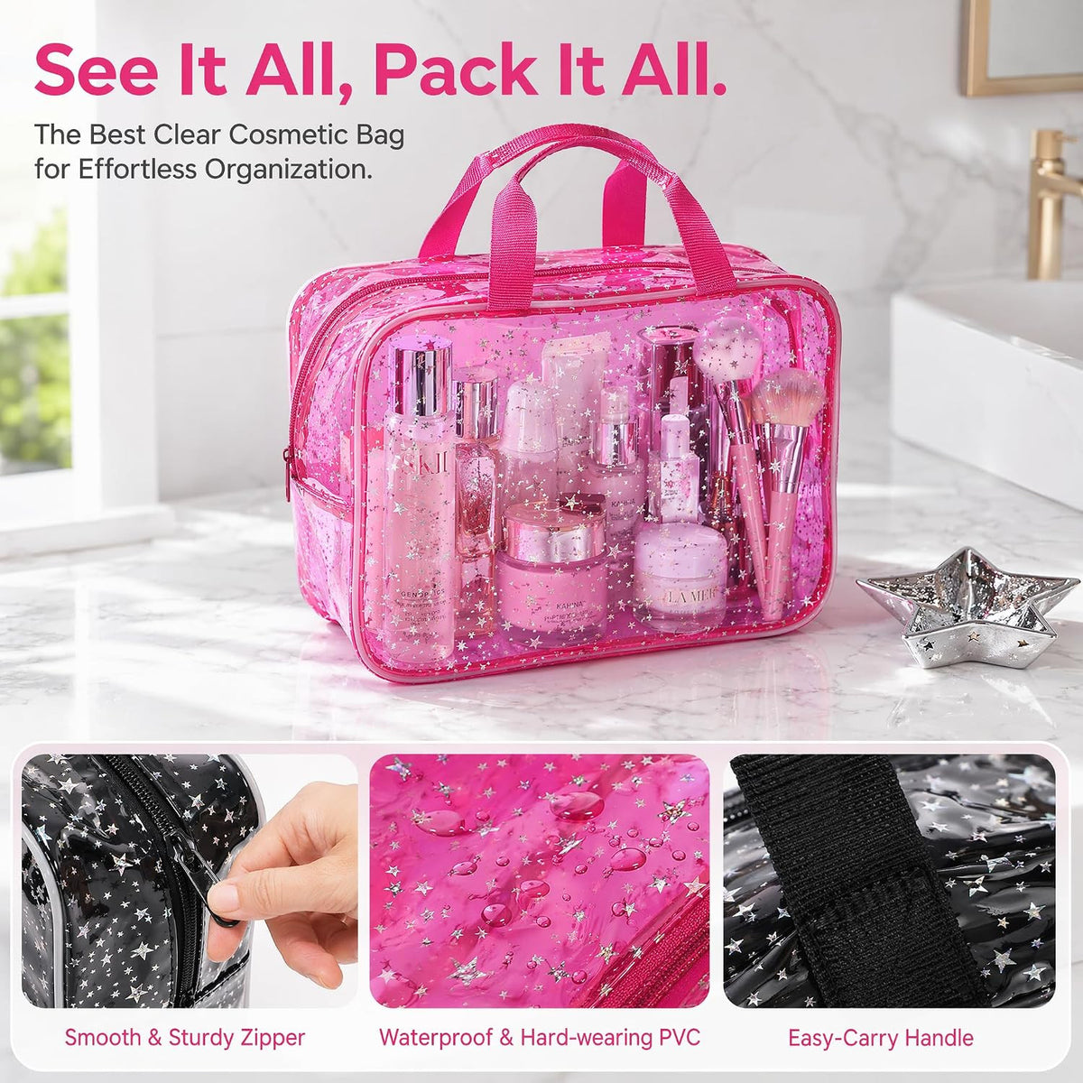 Waterproof Clear PVC Makeup Bag Set with Handle - 2 Pack for Travel & Storage