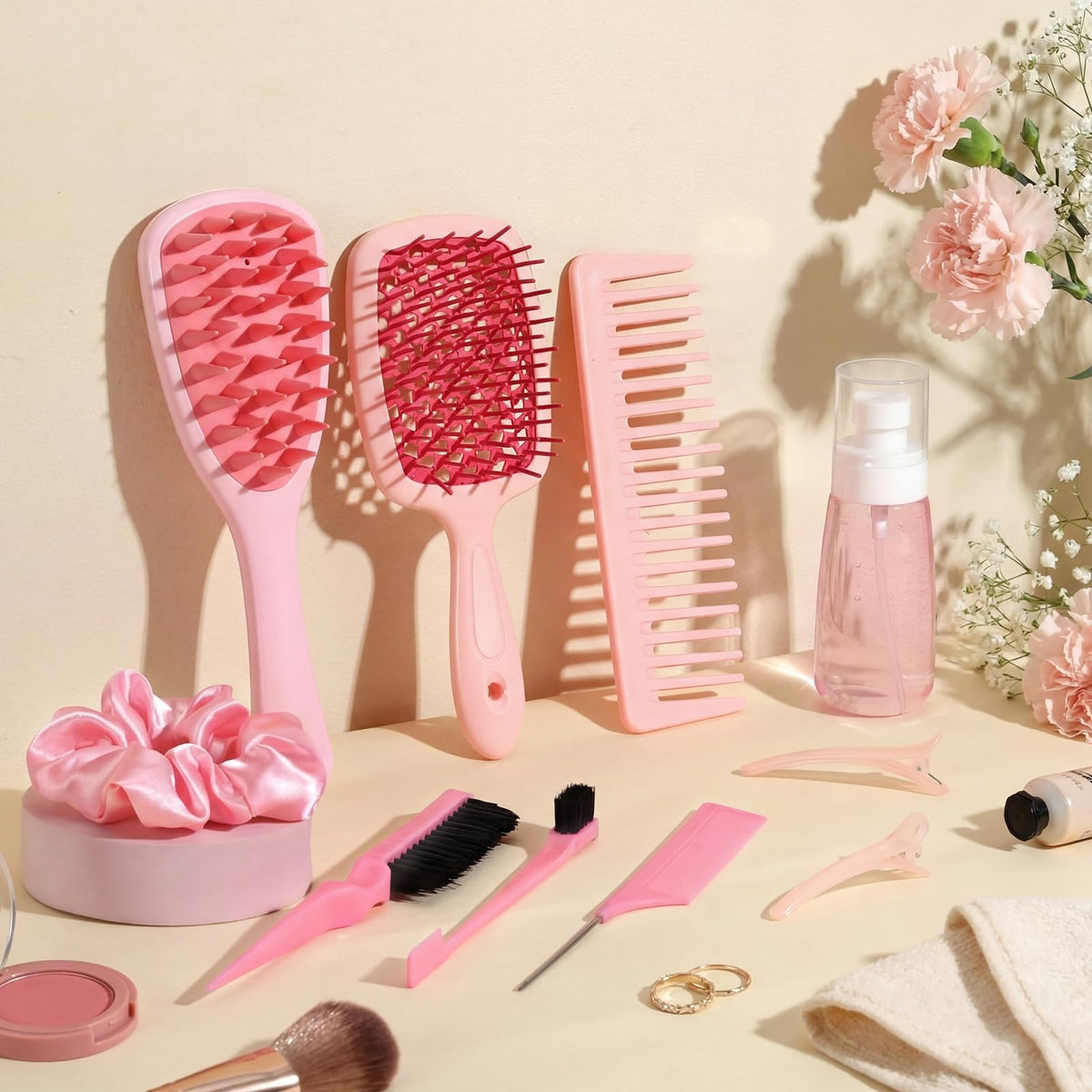 Pink Hair Brush Set for Women and Girls with Scalp Scrubber - 16 Pieces