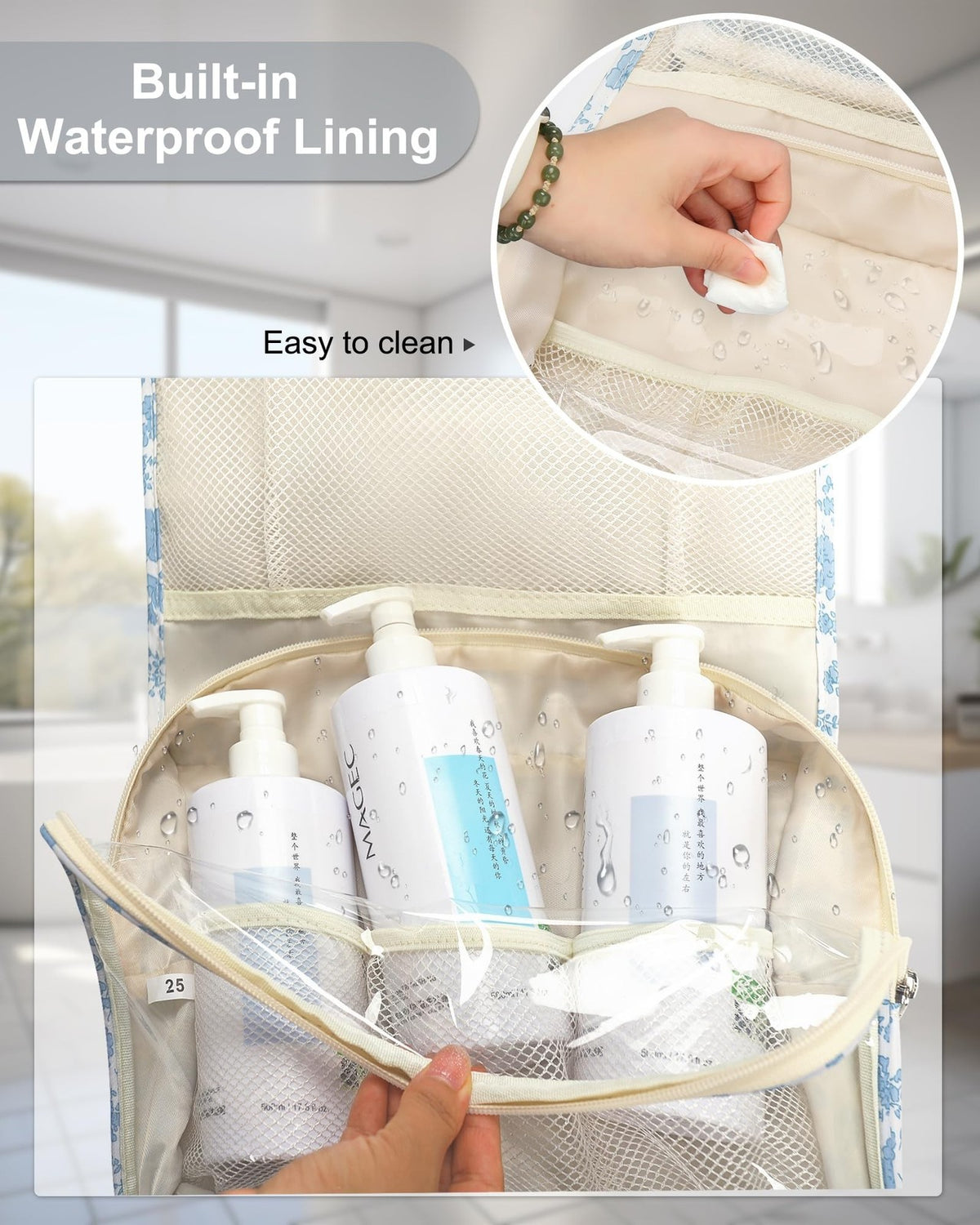 Travel Toiletry Bag with Hanging Hook - Waterproof Floral Organizer for Women & Men