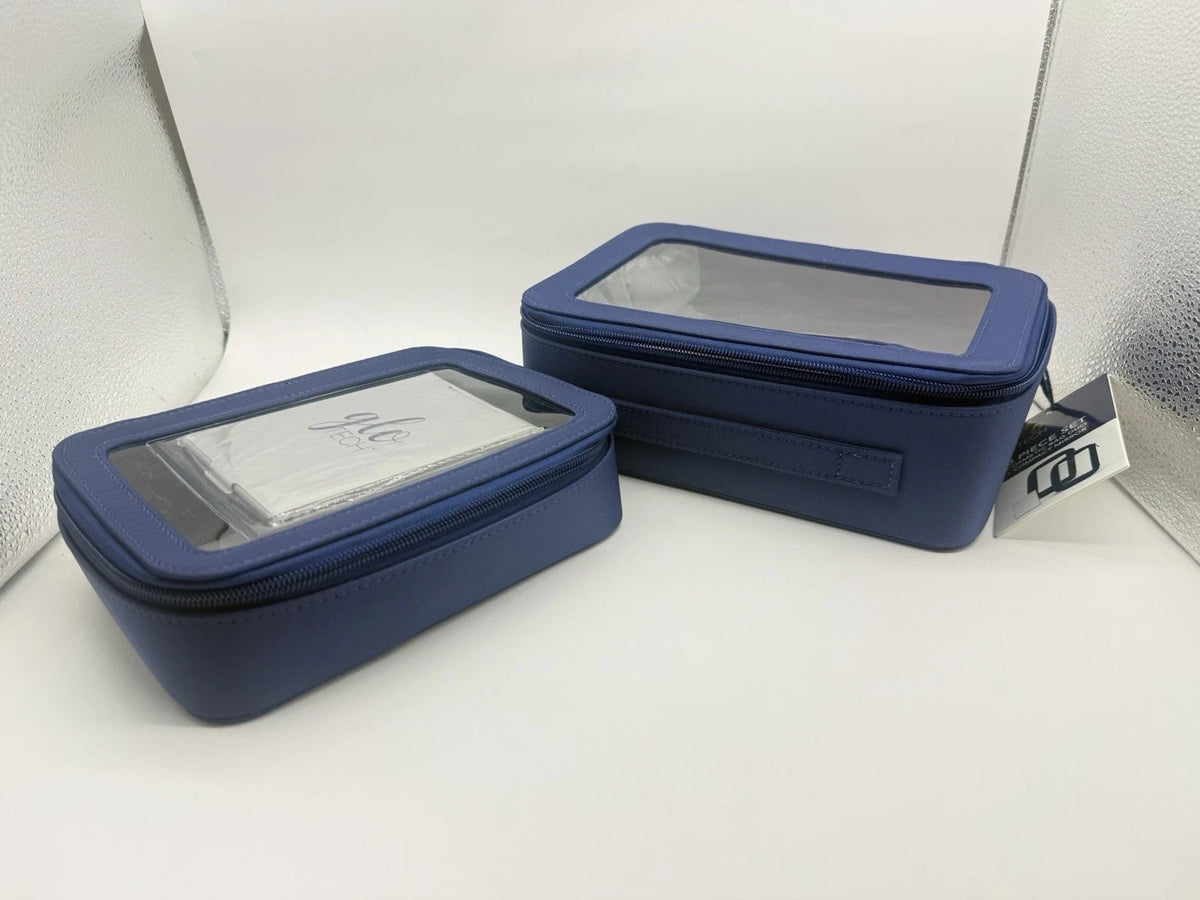Travel Cosmetic Bag Set with Compact Mirror - Blue, 3-Piece Organizer Duo