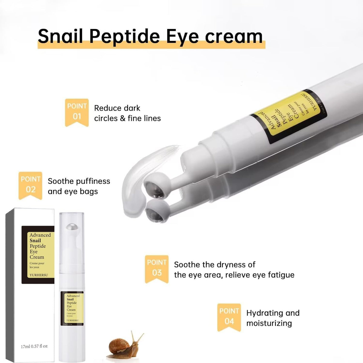 Hydrating Snail Under Eye Cream - Reduces Puffiness & Wrinkles 0.57 oz