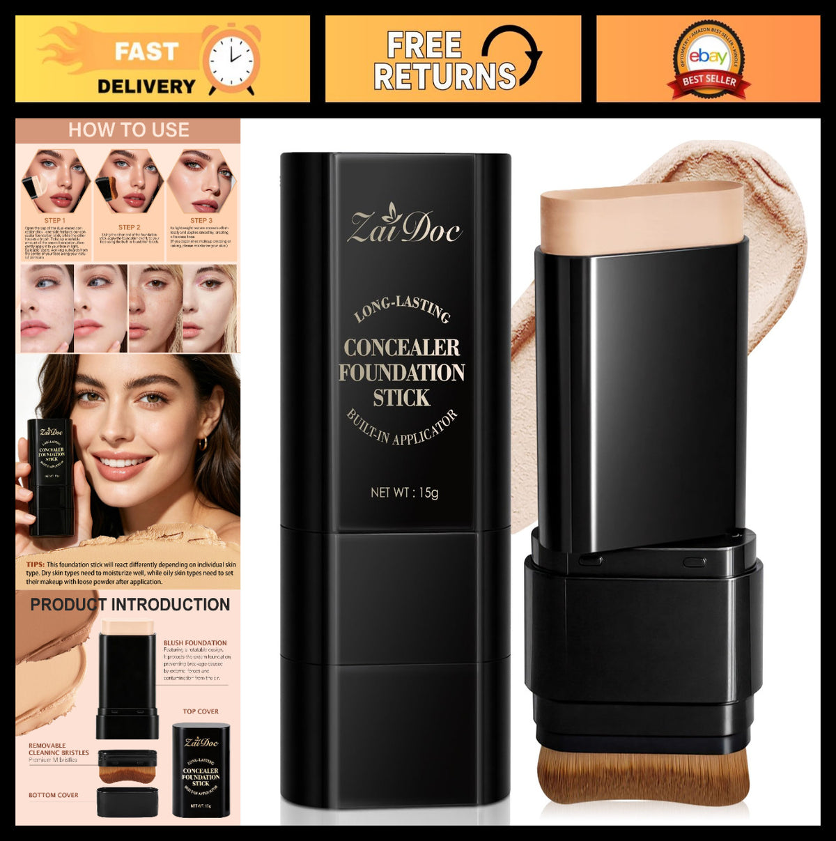2-in-1 Concealer Foundation Stick with Brush - Full Coverage for Dark Circles