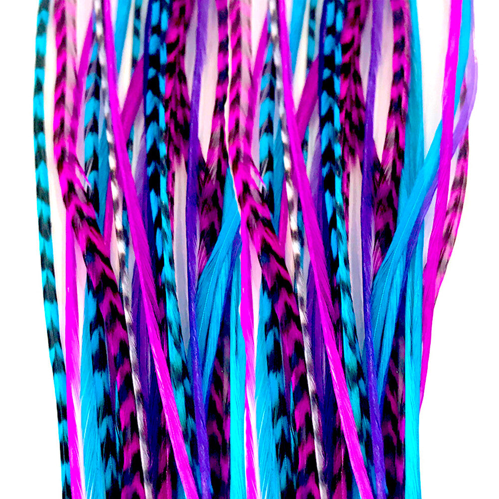 Long Pink, Purple & Blue Feather Hair Extensions - 100% Real Rooster Feathers