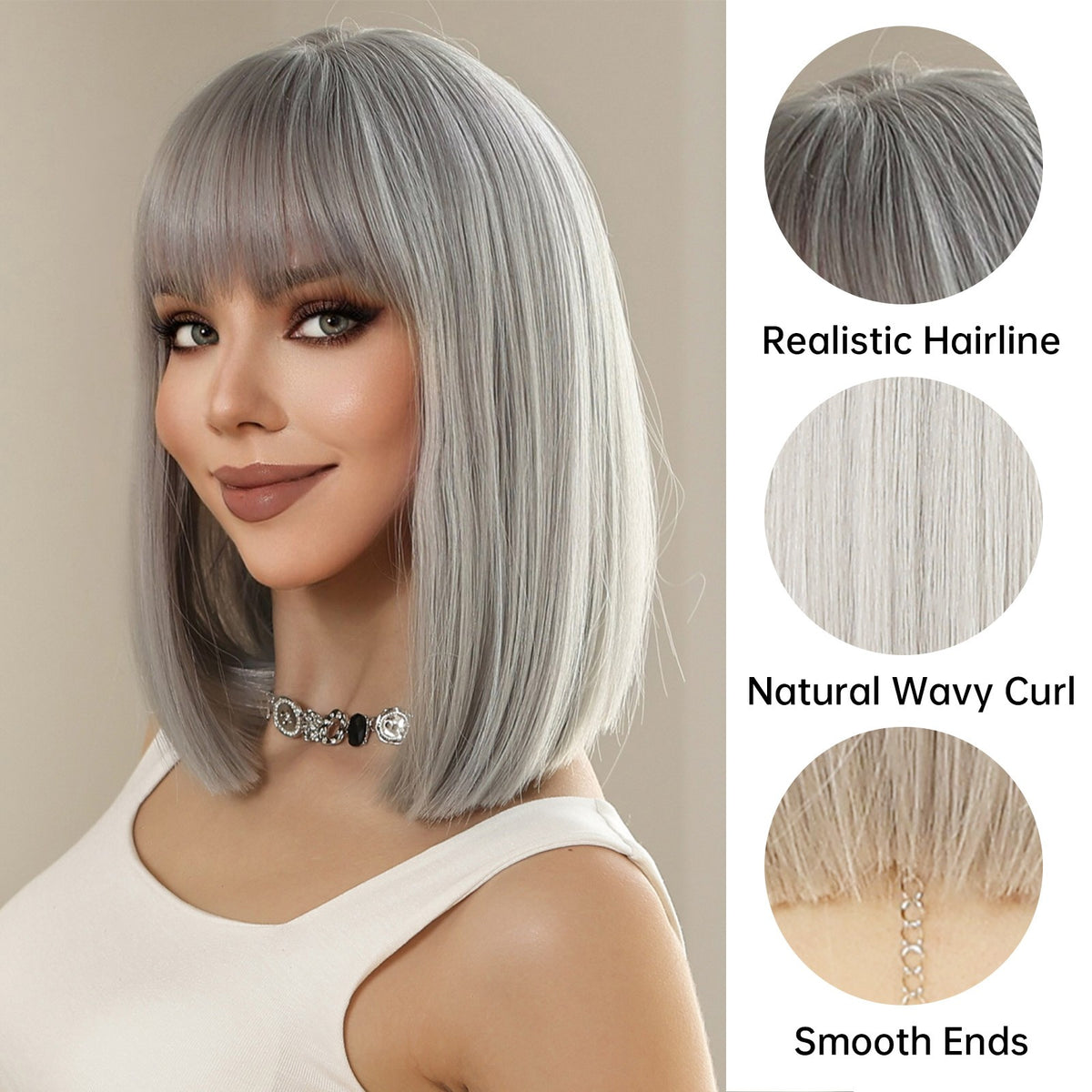 Gray Synthetic Wig with Bangs - Straight Bob Style Heat Resistant Hair