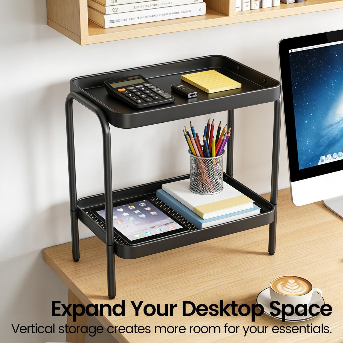 2-in-1 Desktop & Floor End Table with Storage Shelves - Small Space Nightstand