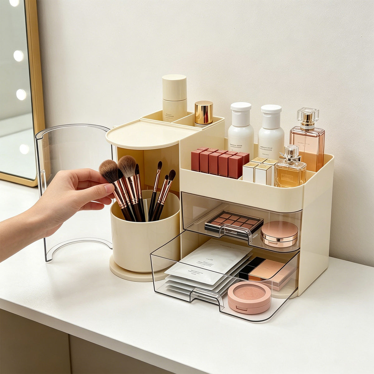 Rotating Makeup Brush Holder with Drawers - Milky White Vanity Organizer