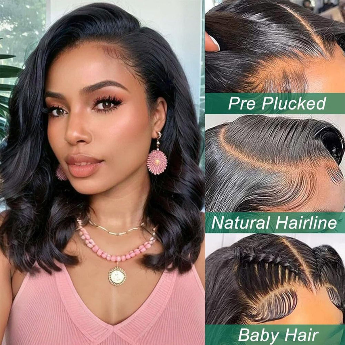 14-Inch Lace Front Bob Wig Black Natural Hair Body Wave Pre-Plucked for Women