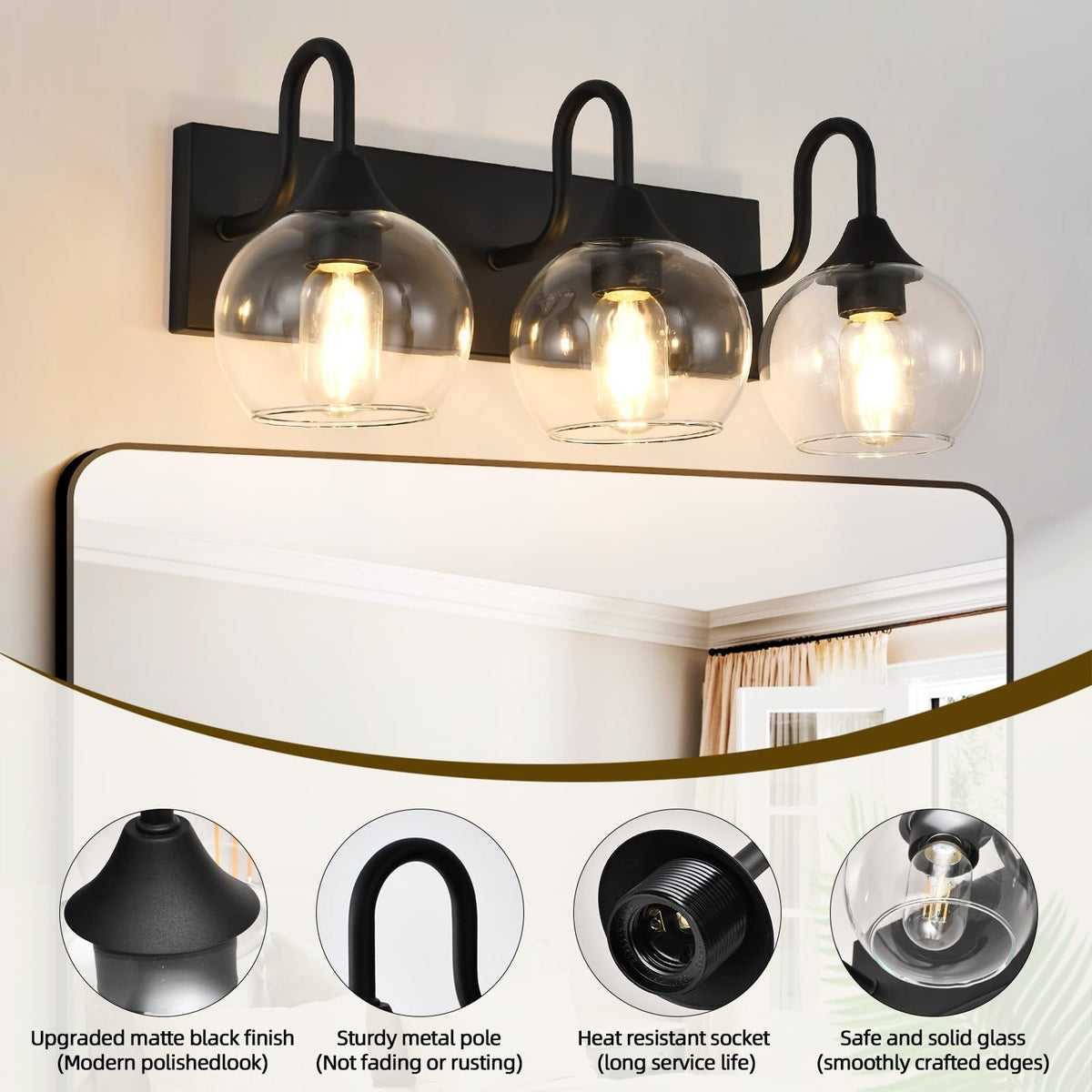 3-Light Matte Black Bathroom Vanity Light with Glass Globe Shades