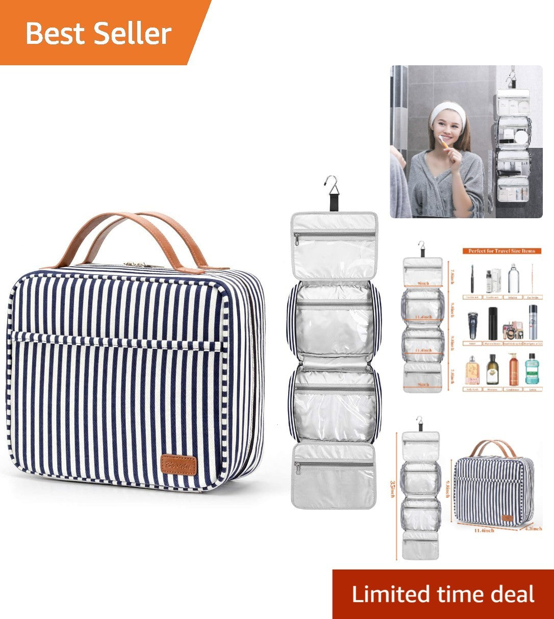 Travel Toiletry Bag Organizer with Waterproof Compartments & Anti-Slip Hook