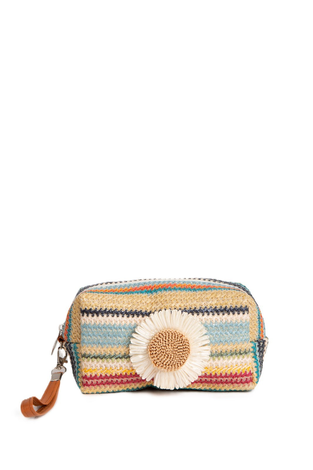 Large Travel Pouch with Zipper & Interior Pocket - Multi-Colored Striped & Daisy Pattern