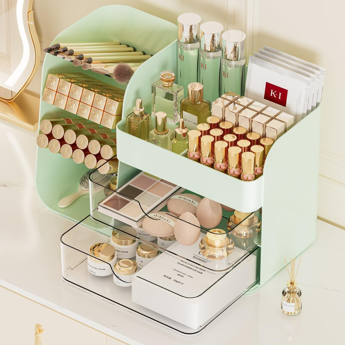 Large Green Makeup Organizer with Brush Holder & Drawers for Vanity