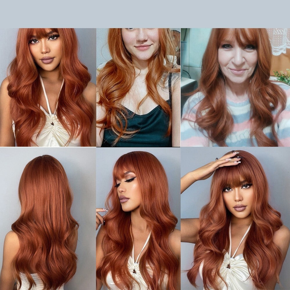 Copper Red Long Wavy Synthetic Wig with Bangs - Heat Resistant & Tangle-Free
