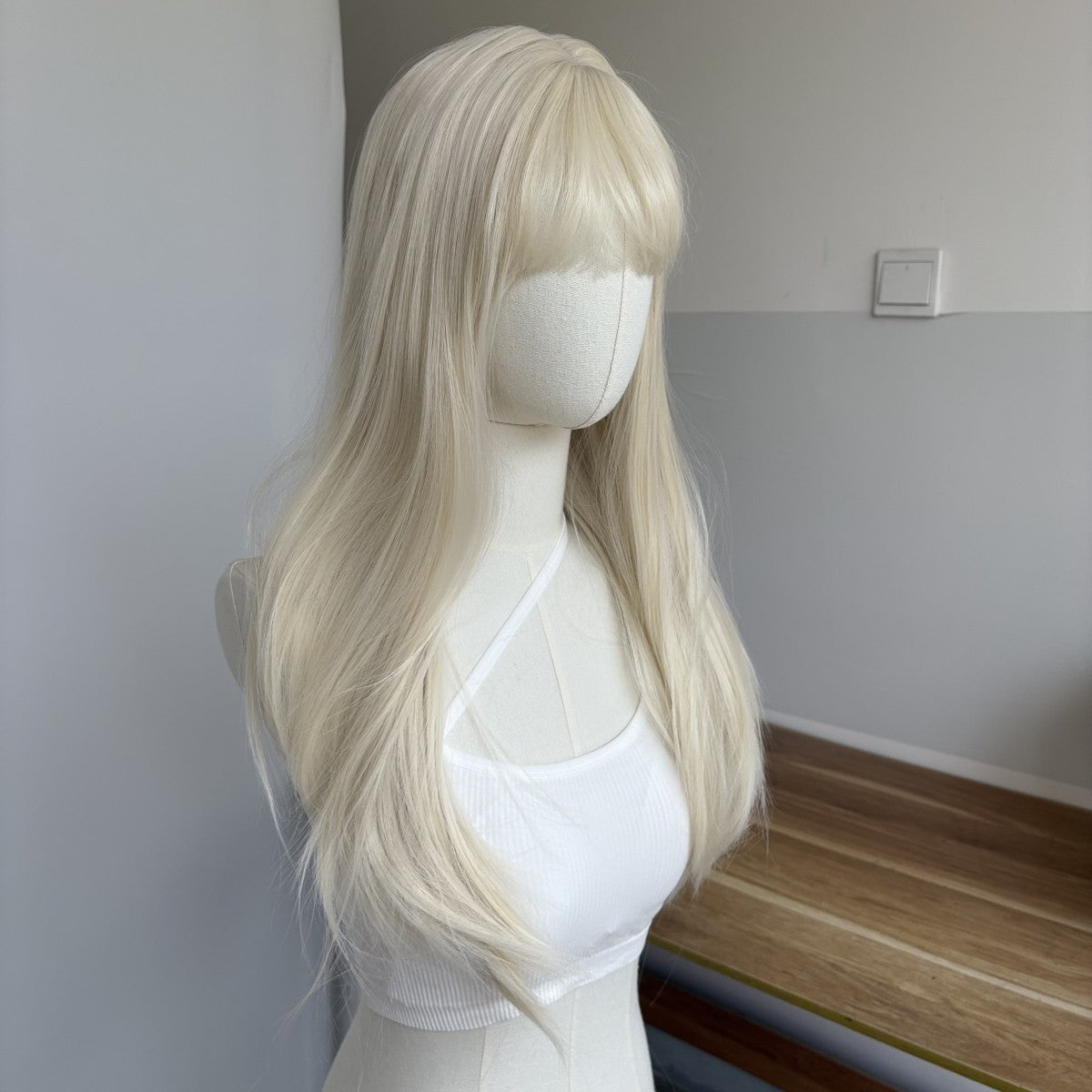 Platinum Blonde Synthetic Wig for Women Long Straight Costume Hair with Bangs