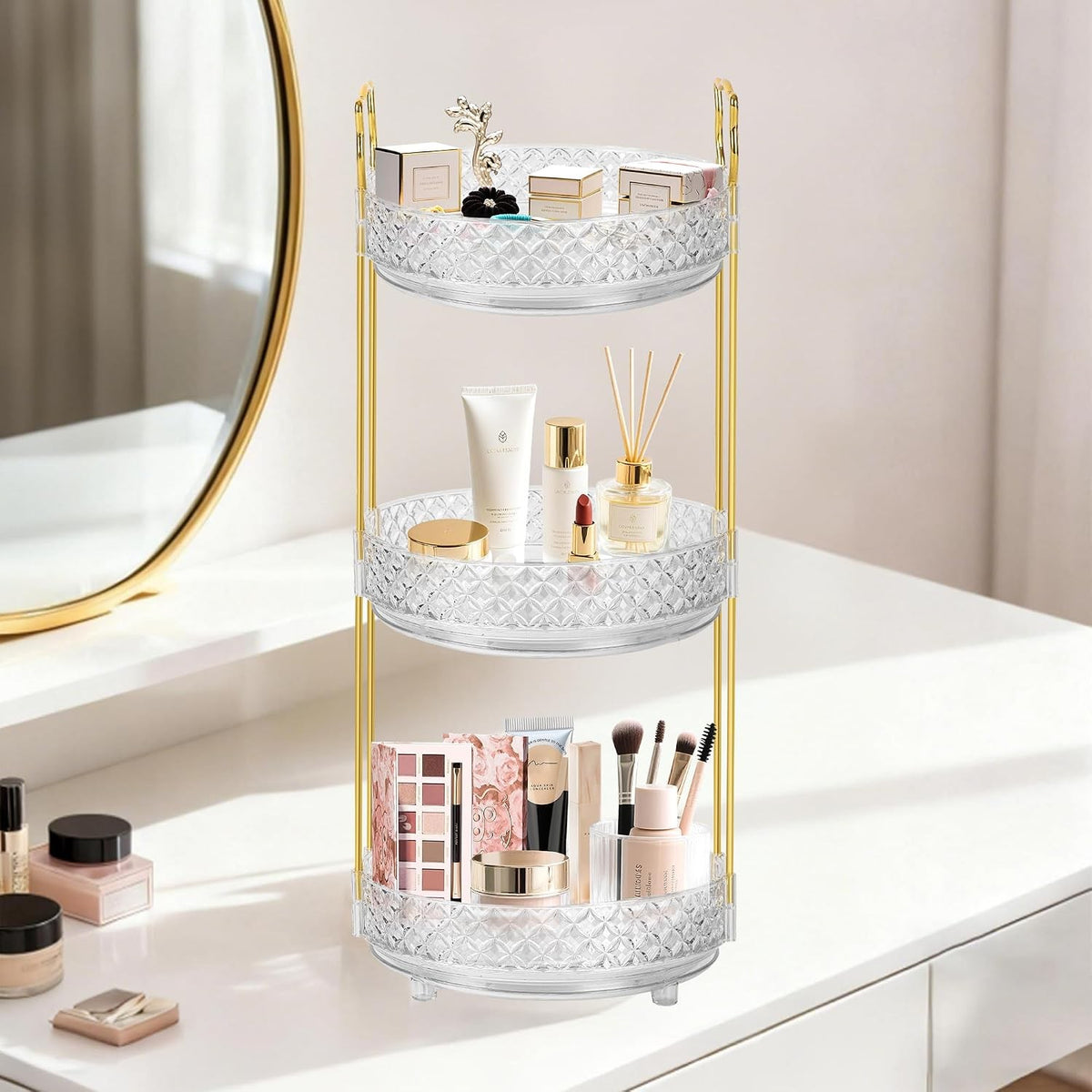 360° Rotating Makeup Organizer with 3 Tiers for Vanity and Bathroom Counter