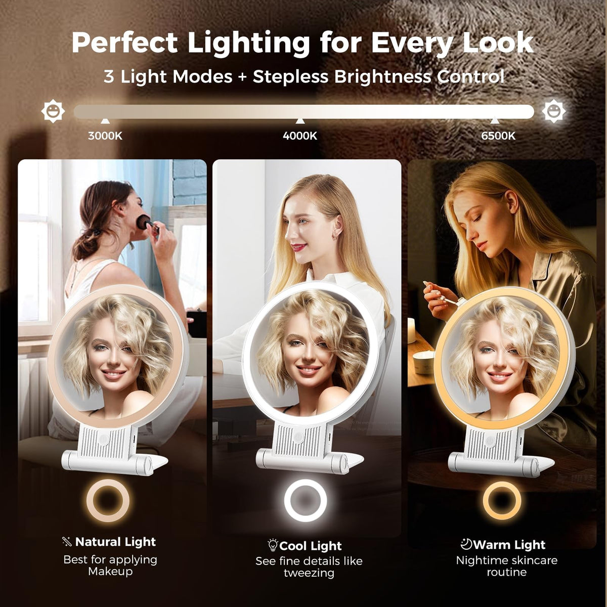 Lighted Double-Sided Makeup Mirror with 30X Magnification & Adjustable Brightness