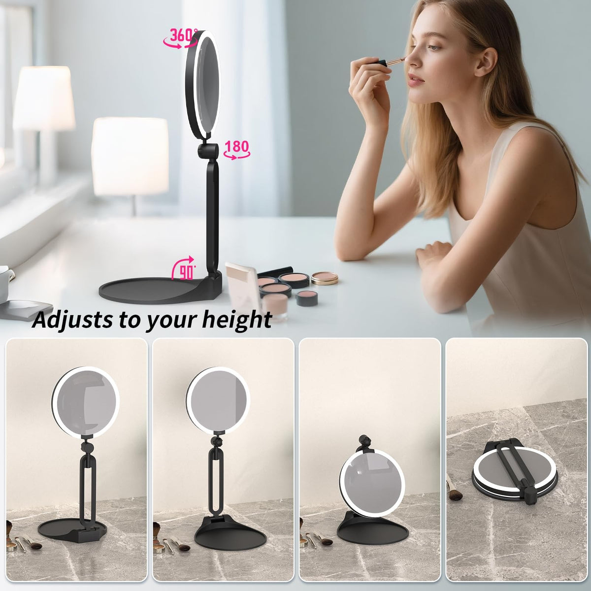 Rechargeable Lighted Travel Makeup Mirror 10X/1X Double Sided 6 Inch White