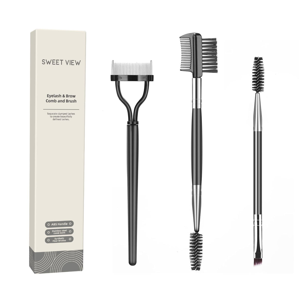Eyebrow Brush & Eyelash Separator 3-Piece Makeup Tool Set - Black
