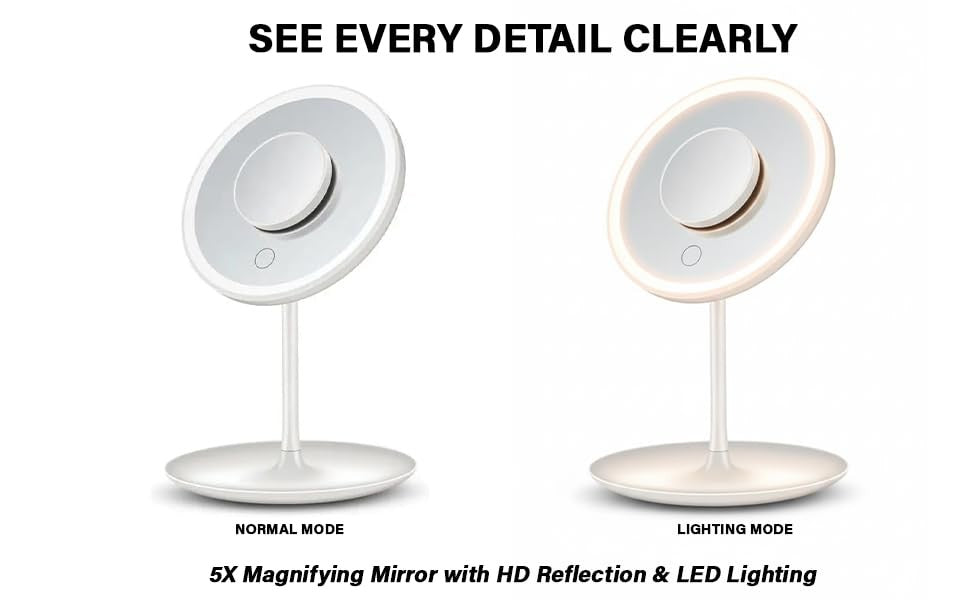 Portable 5X Magnifying Makeup Mirror - White, Compact & USB Powered
