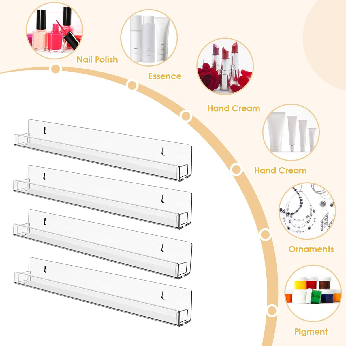 15 Inch Wall Mounted Nail Polish Organizer Rack with 6 Clear Shelves