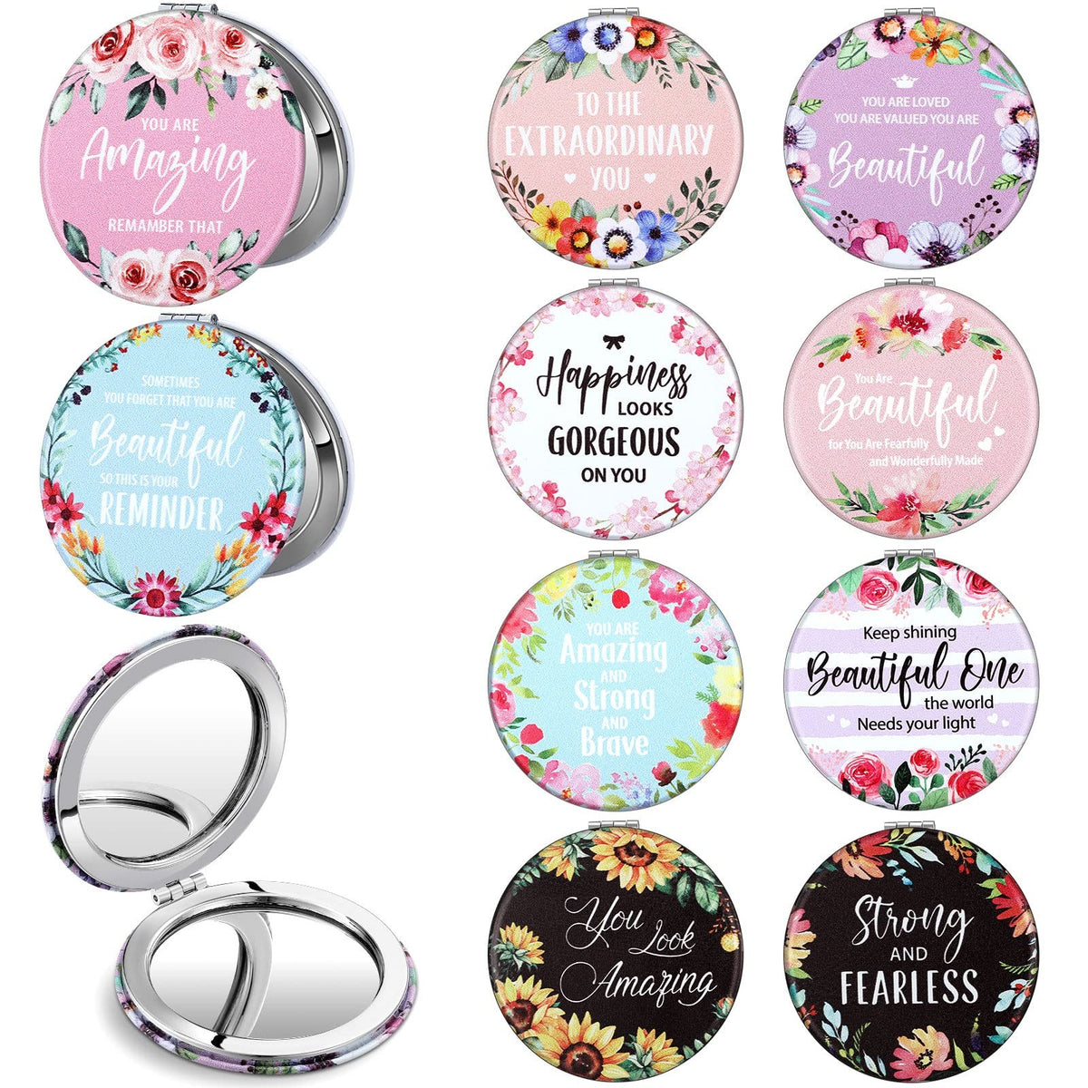 10 Pack Floral Double Sided Compact Makeup Mirrors with Inspirational Quotes