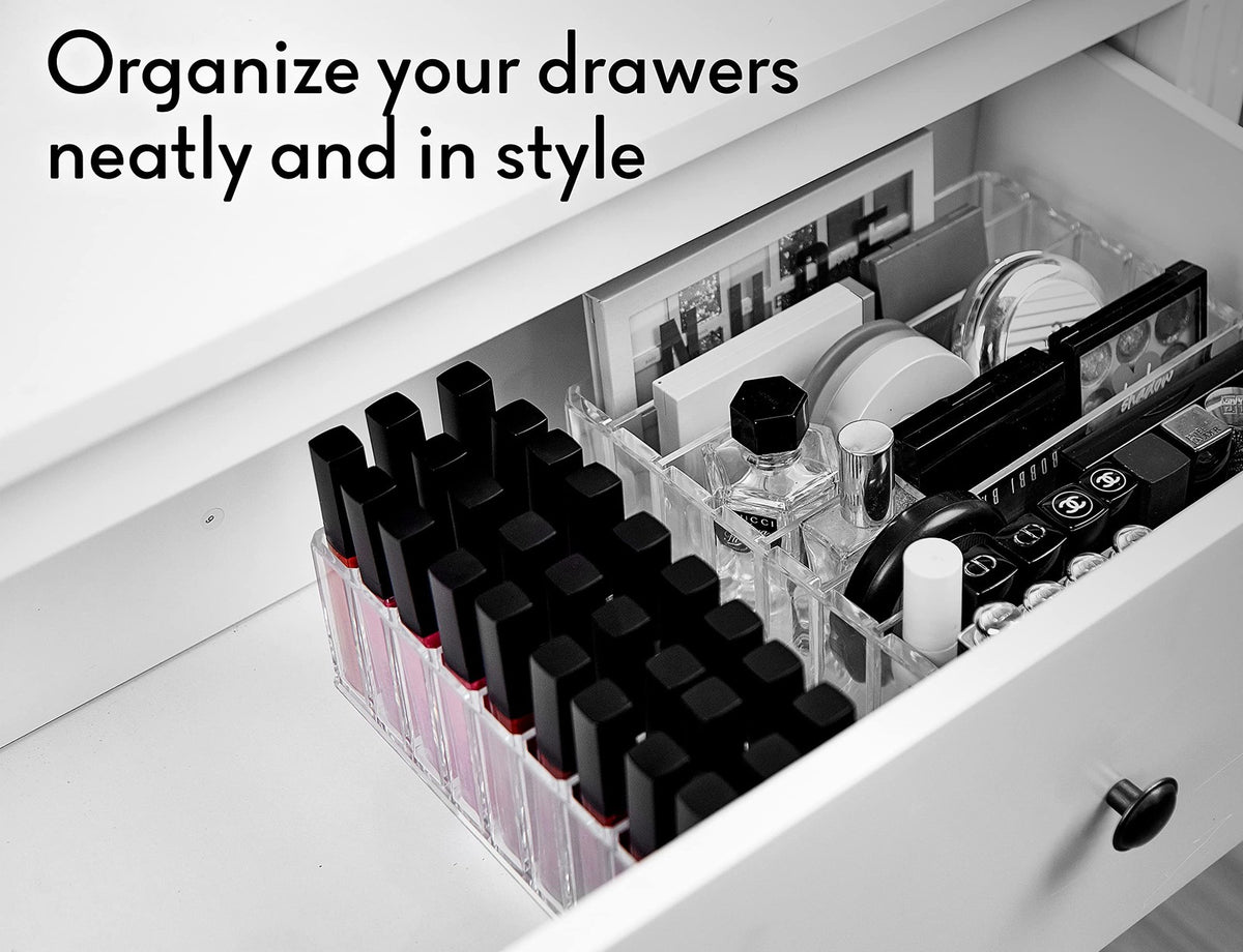 Acrylic Makeup Organizer with 27 Compartments for Vanity and Drawer Storage