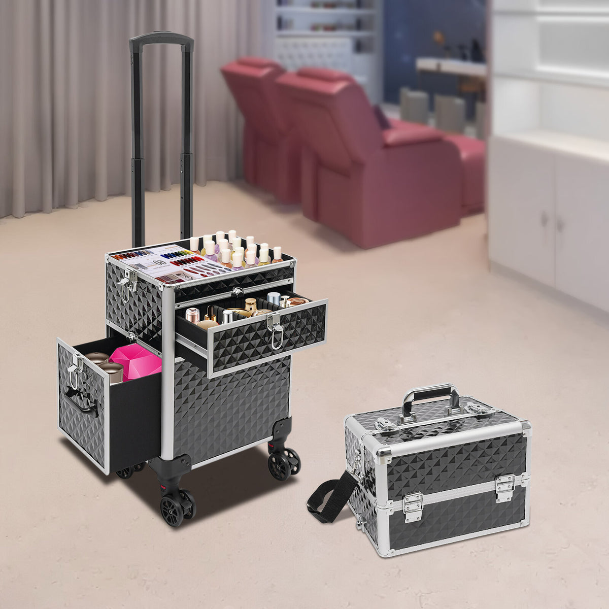 Rolling Makeup Train Case with Wheels Lock & Shoulder Strap Silver & Black