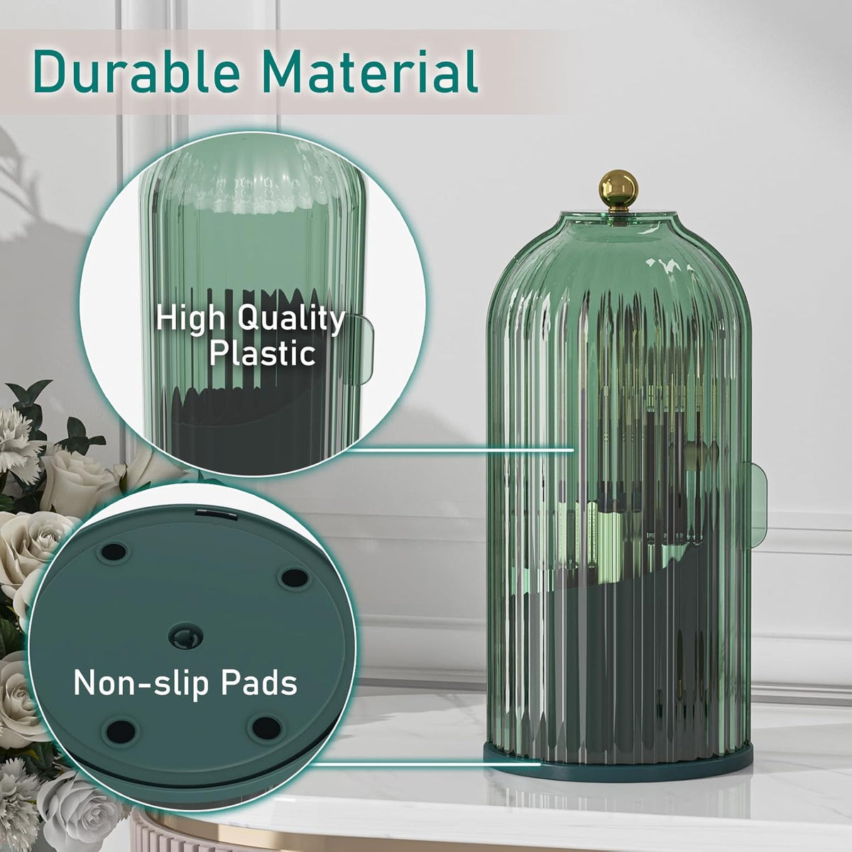 Rotating Makeup Brush Organizer with Lid - Green, 360° Waterproof Dustproof