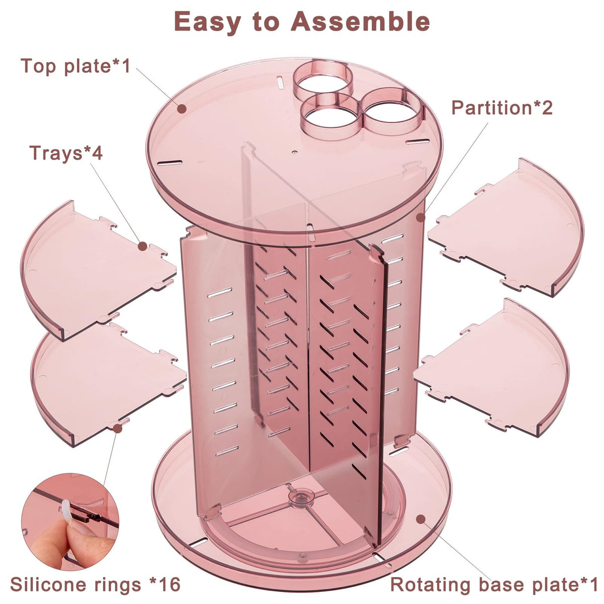 Rotating Makeup Organizer with Adjustable Layers and Silent Spin - Pink
