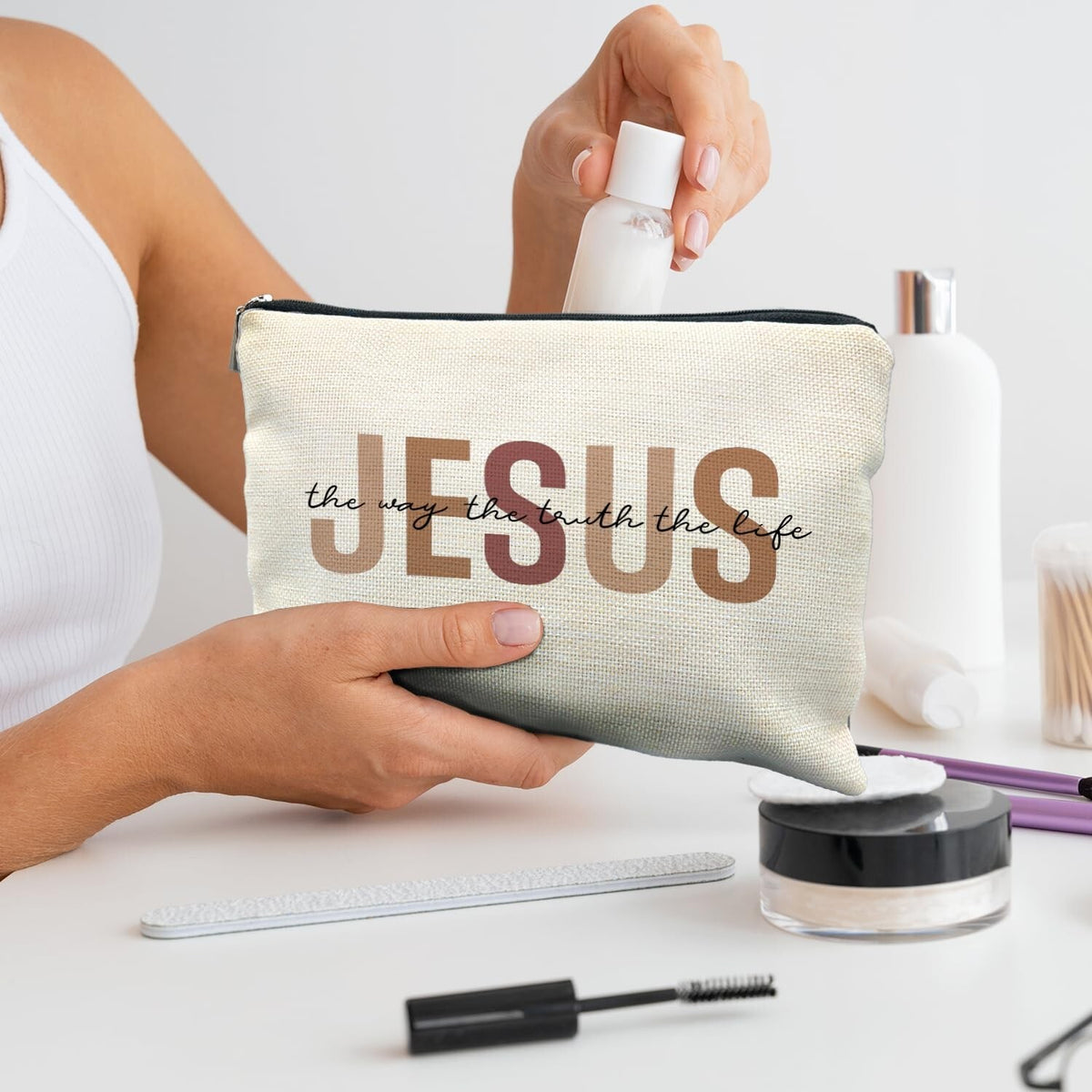Christian Makeup Bag - Linen Bible Pouch for Women, Gift for Her