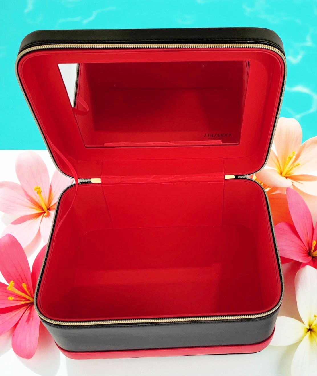 Large Leather Cosmetic Storage Box with Mirror - Black & Red Organizer