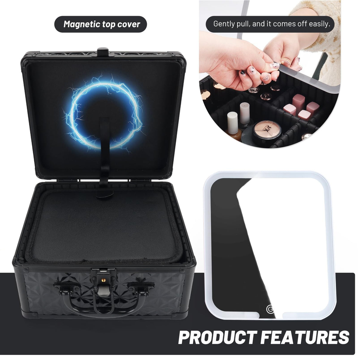 Lockable Portable Makeup Case with LED Lighted Mirror and Detachable Storage