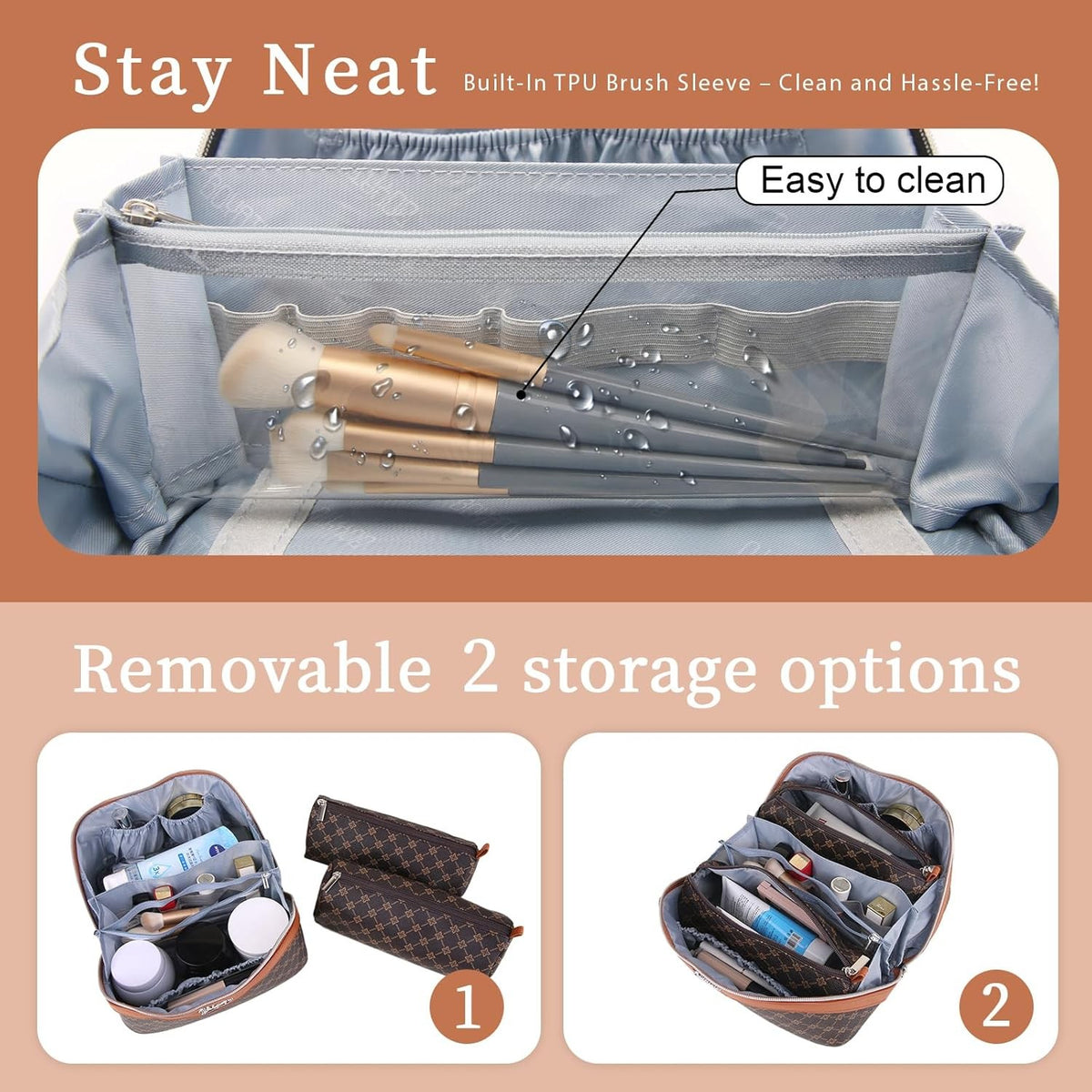 Travel Makeup Bag Set for Women - Large Vegan Leather Cosmetic Bags with Compartments & Handles