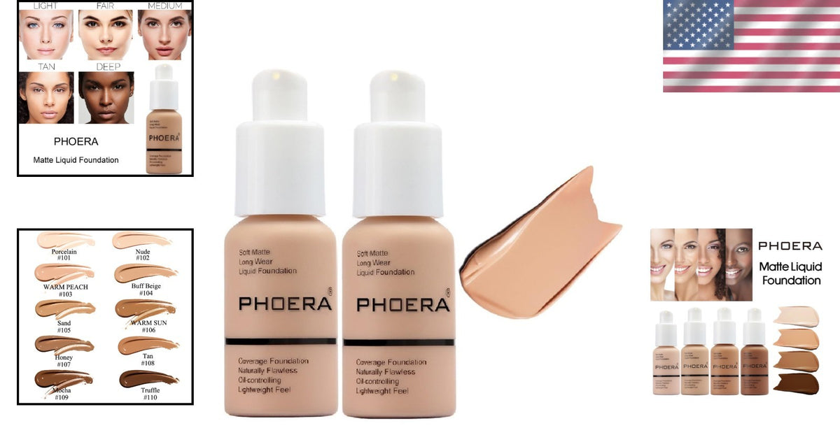 Full Coverage Liquid Foundation 2-Pack - Soft Matte, Waterproof, Long-Lasting