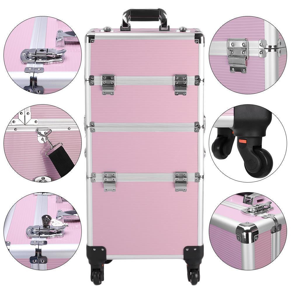 3-in-1 Aluminum Makeup Train Case with Lockable Trolley for Travel & Salon