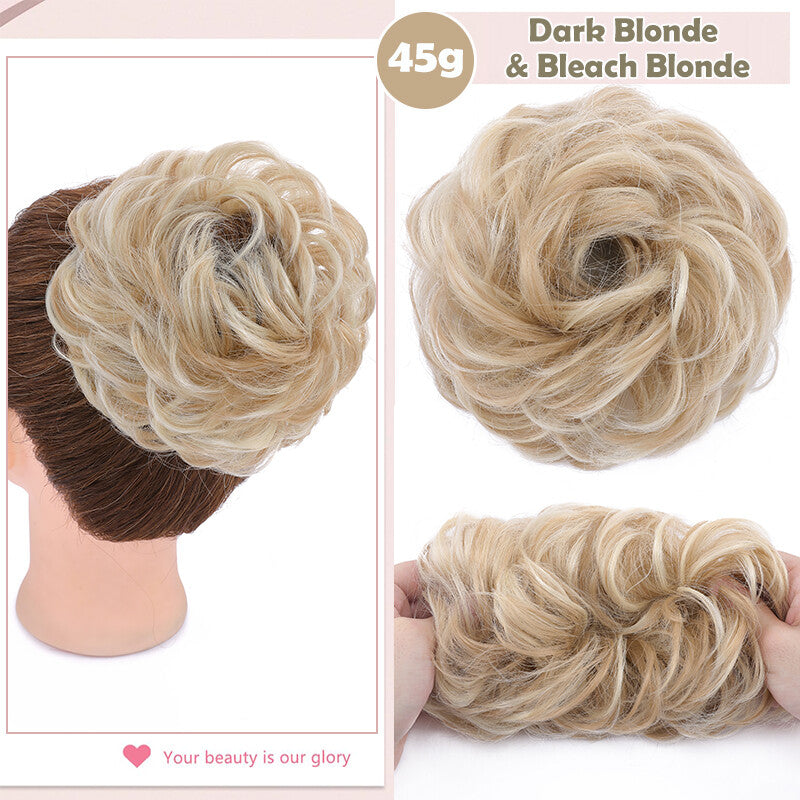 Natural Human Hair Messy Bun Ponytail Extensions with Curly Scrunchie Updo