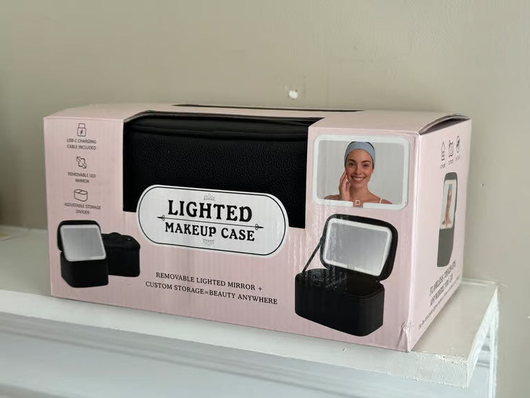 Lighted Travel Train Case with LED Mirror & Adjustable Storage - Black