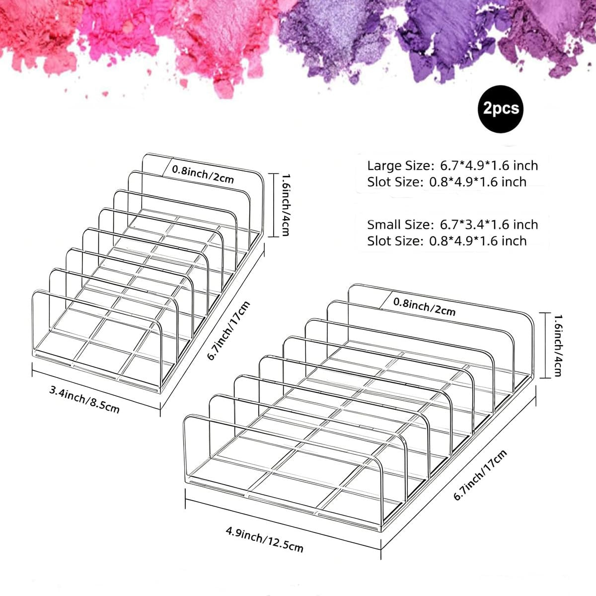 Acrylic Makeup Palette Organizer Set with 7 Compartments - Clear, Large & Small Sizes