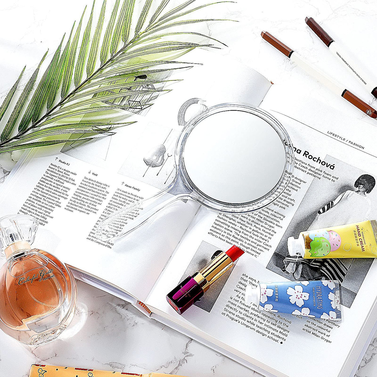 Double-Sided Handheld Mirror with 1X/2X Magnification - Clear, Portable Vanity Mirror