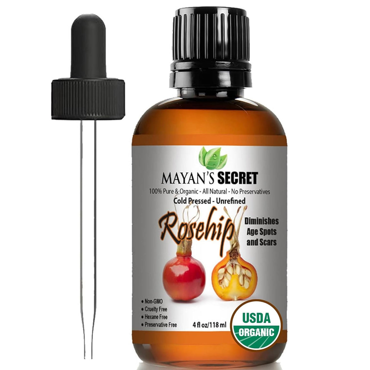 Organic Rosehip Oil 4oz - Pure Cold Pressed Skin & Body Moisturizer