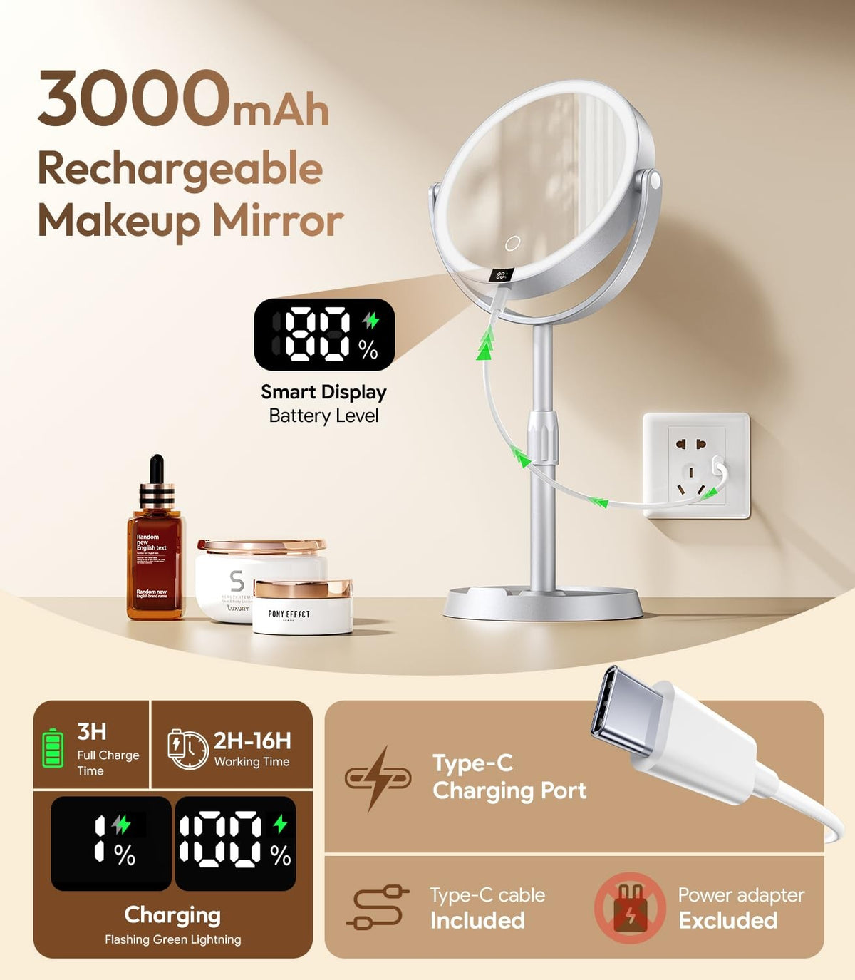 7 Inch Lighted Makeup Mirror with 20X Magnification, Adjustable Height & 3 Color Modes