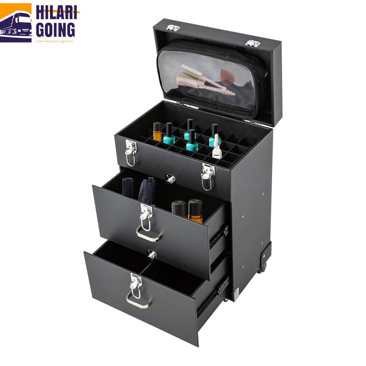 Rolling Makeup Train Case with Lockable Compartments Aluminum Salon Cosmetic Trolley Organizer