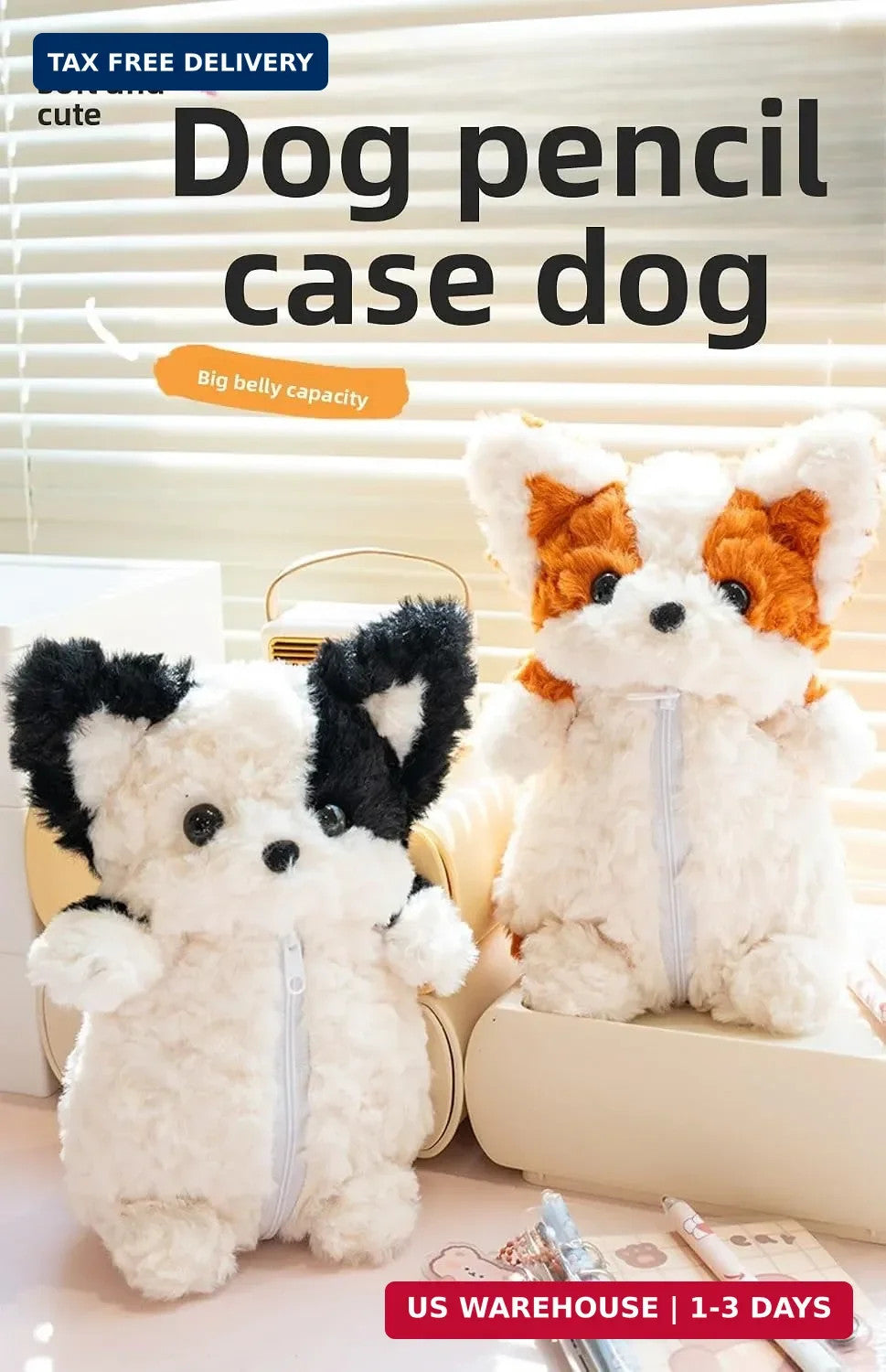 Cute 3D Fuzzy Dog Plush Pencil Case - Animal Organizer for Makeup & Accessories