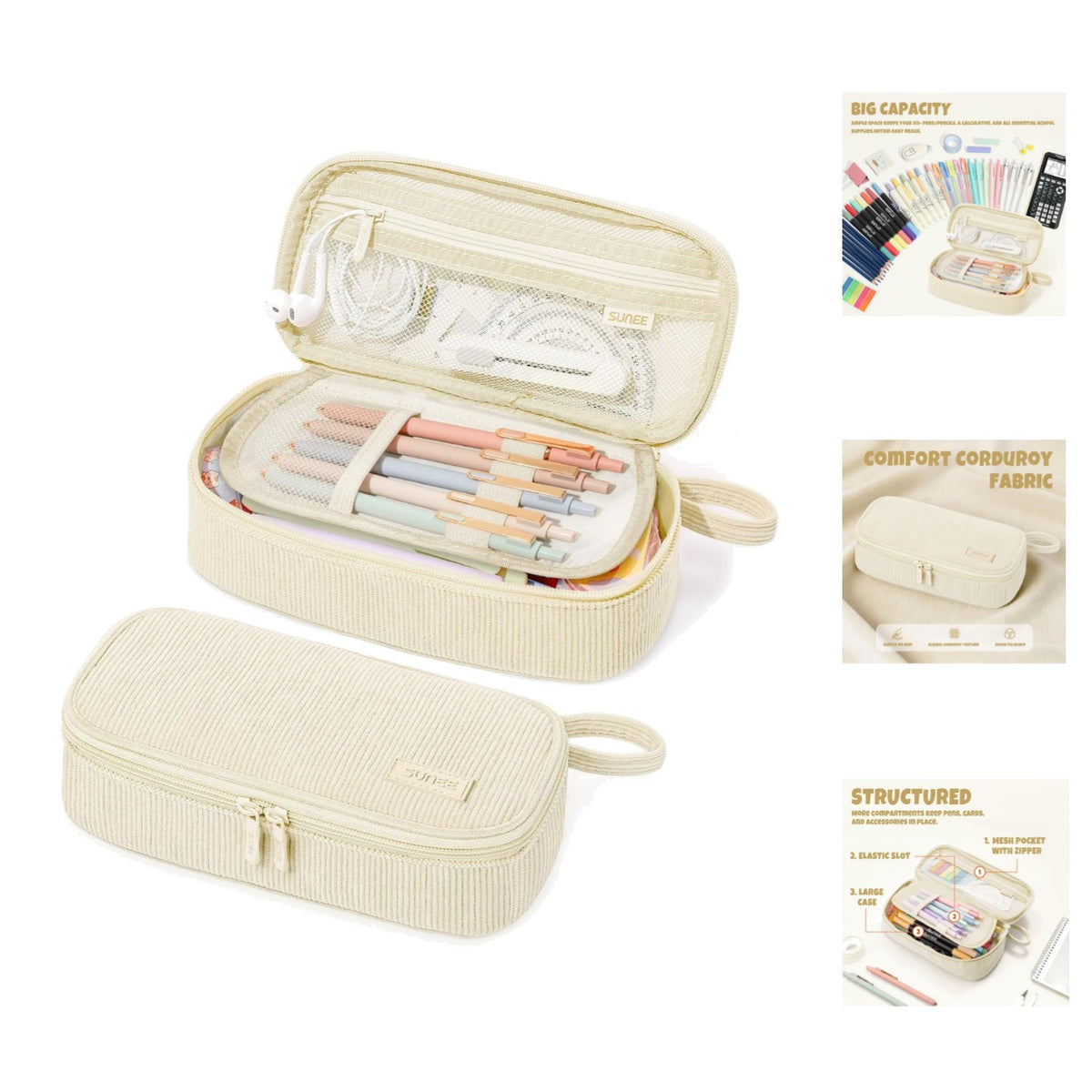 Beige Corduroy Pencil Case with Zipper - Spacious Stationery Organizer